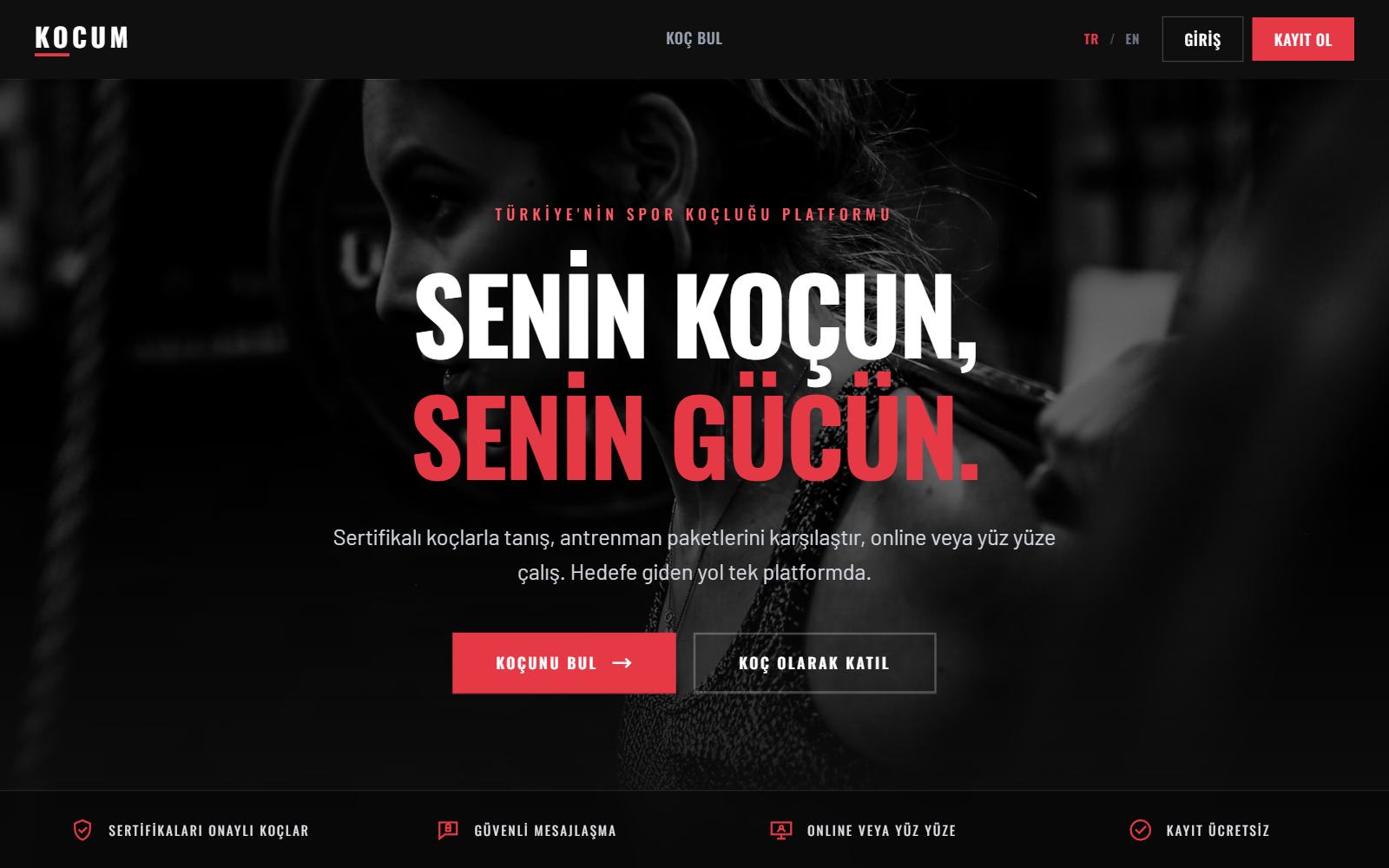 The kocum.pro home page: a dark photographic hero behind a large headline, with buttons to find a coach or join as one, over a row of four trust points.