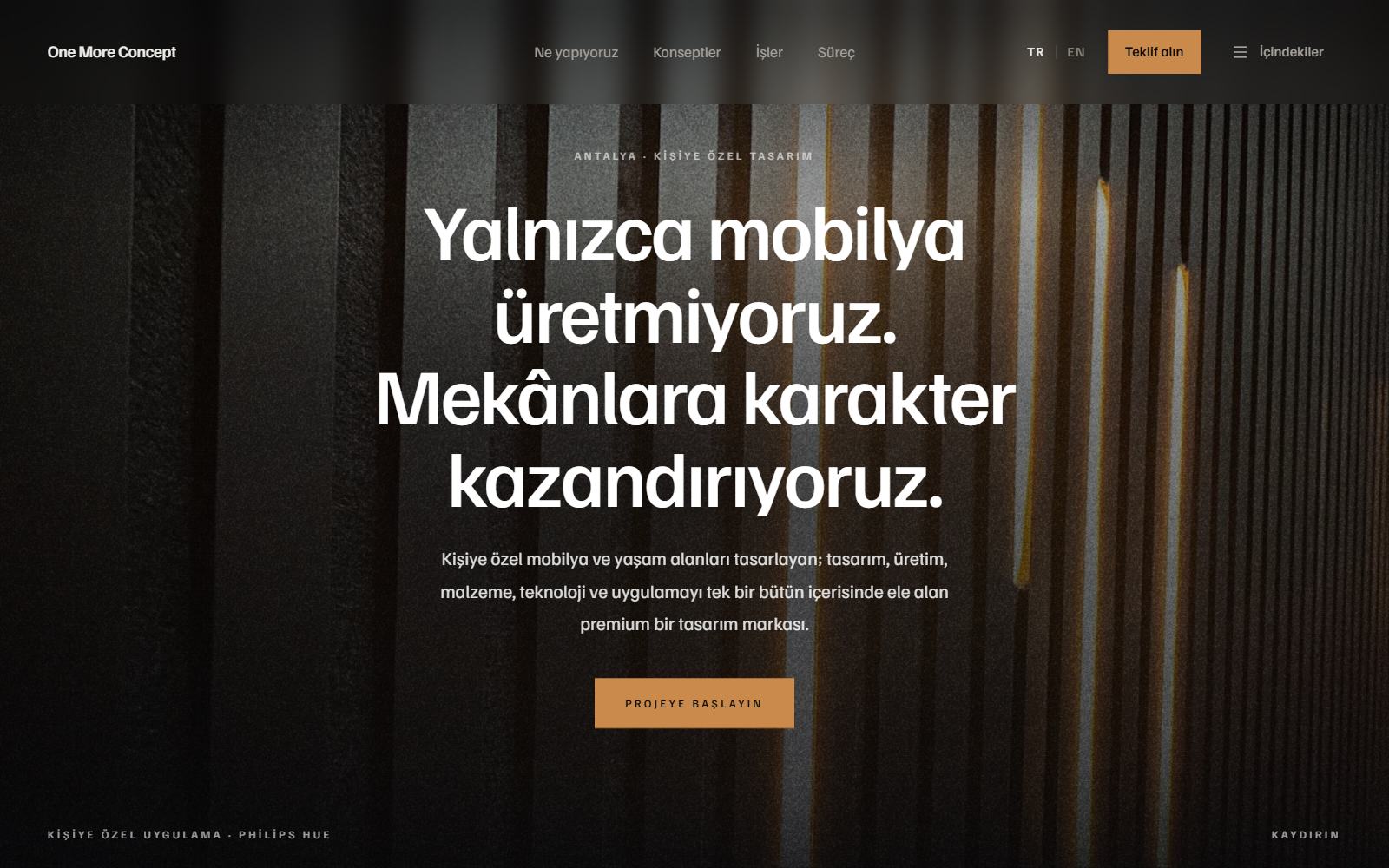 The onemoreconcept.com home page: a lit interior photograph behind a three-line headline and a single call to action, with a Turkish and English language switch in the bar.
